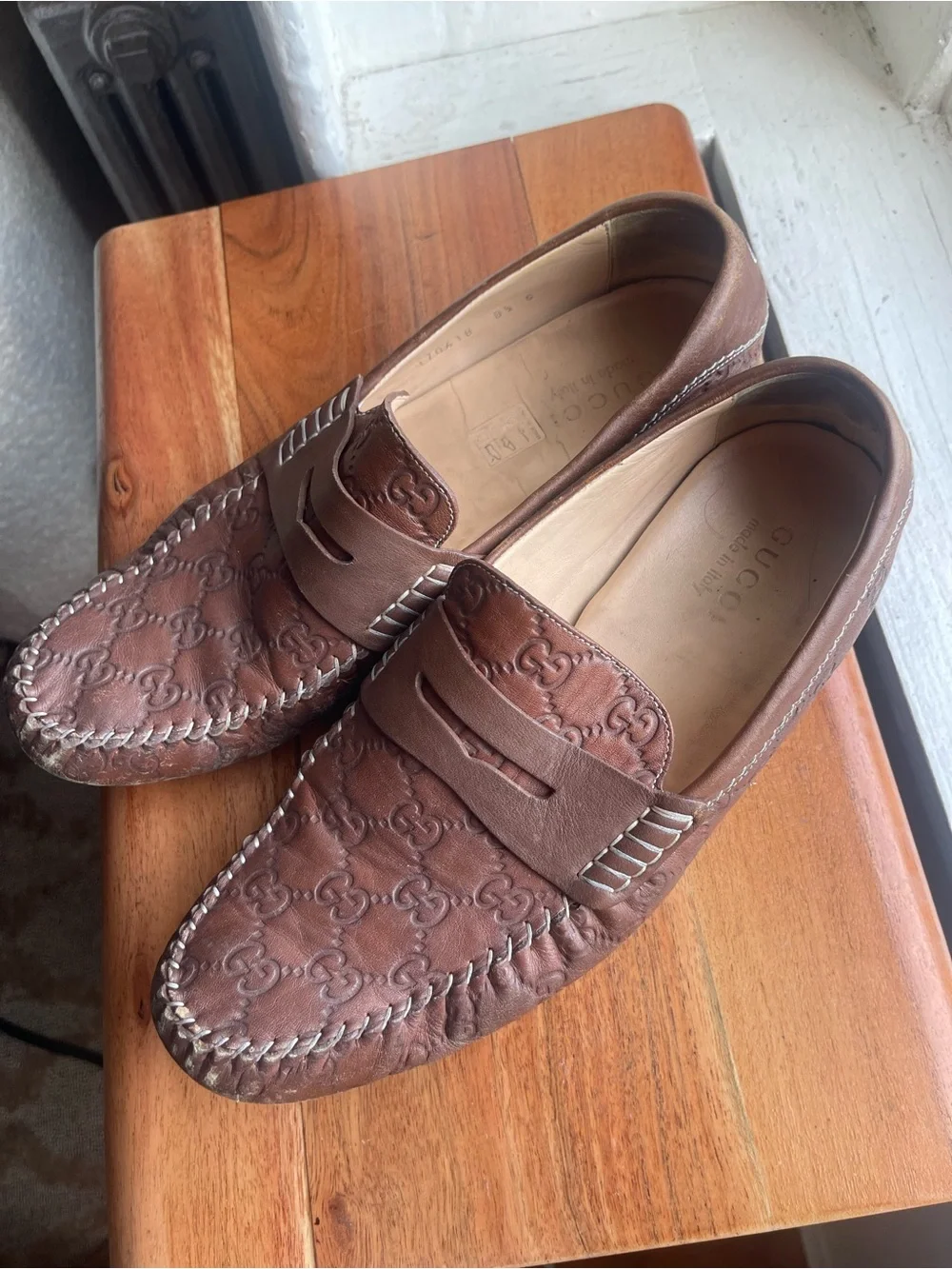 Gucci Brown GG-Embossed Leather Penny Loafers